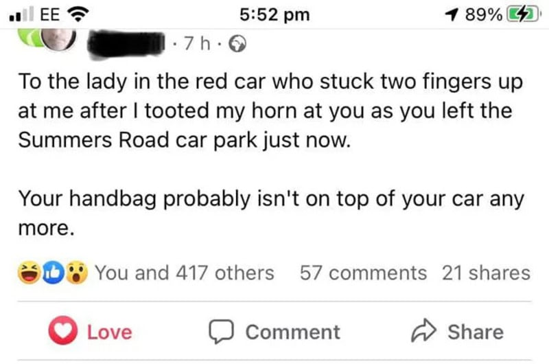 Facebook post about a lady in a red car with fingers up, mentioning a horn and a handbag.