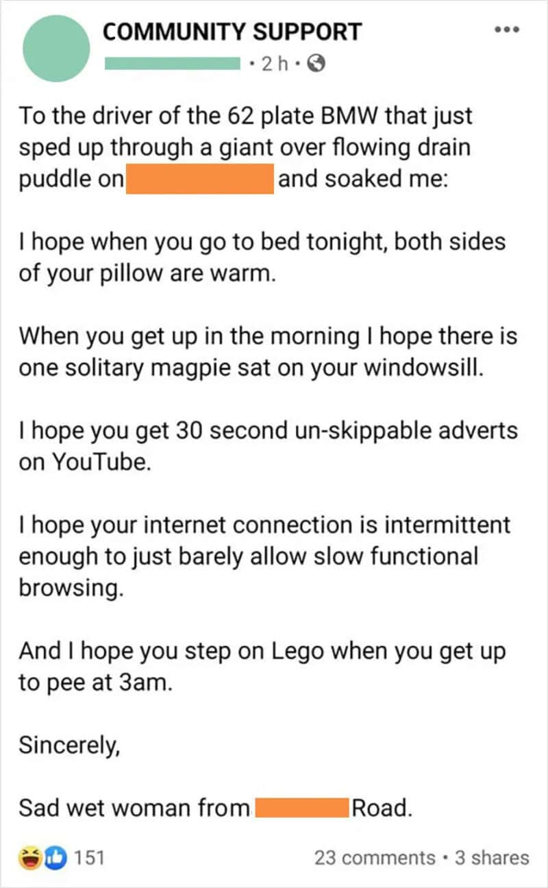 Community support message about a BMW driver and a sad wet woman from the road.