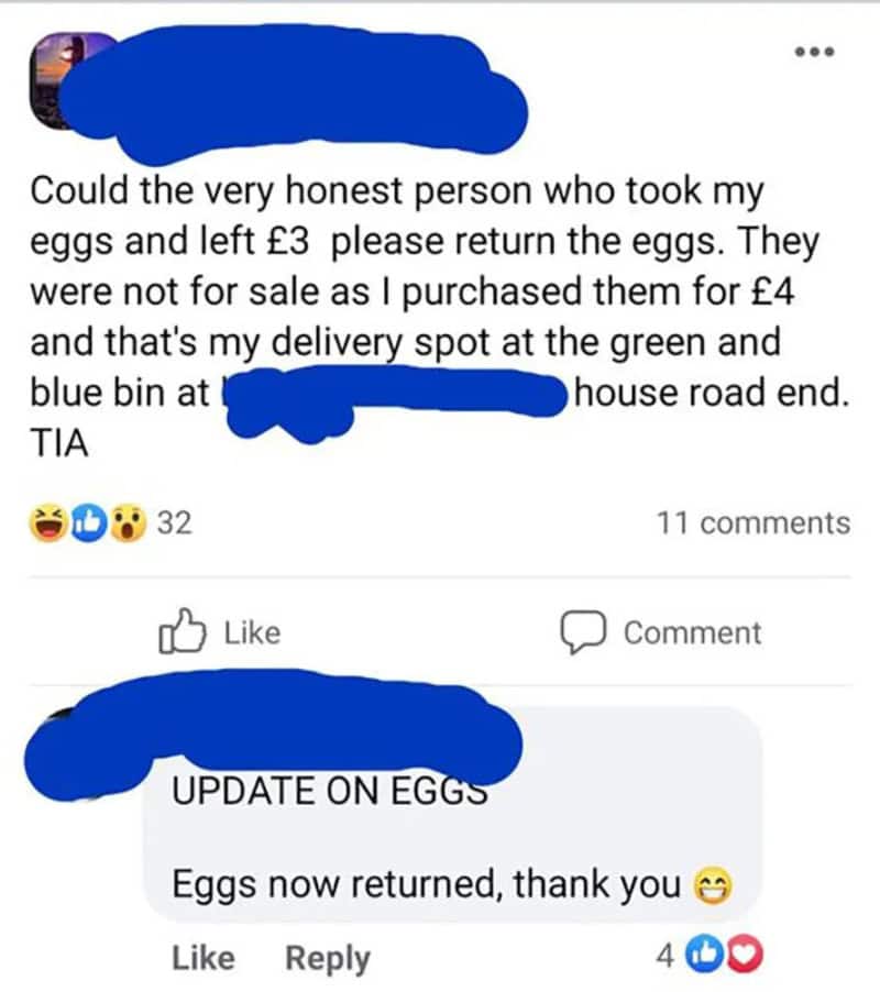Person requests eggs back after leaving them at a delivery spot, updates that eggs were returned.