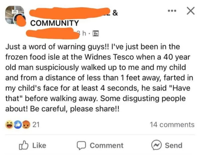 A Facebook post warning about a suspicious elderly man in Tesco, describing a disturbing incident.