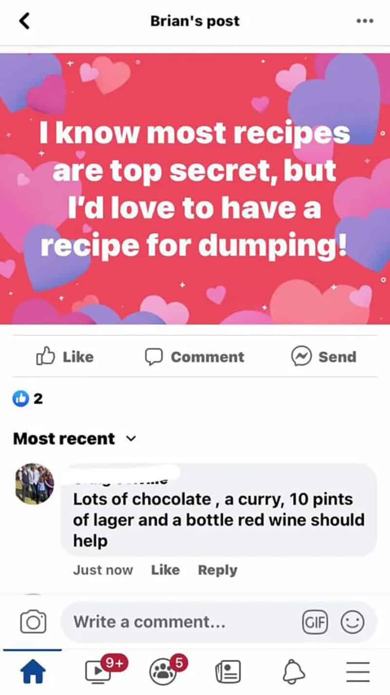 Social media post with pink background and hearts, text about secret recipes and dumping.