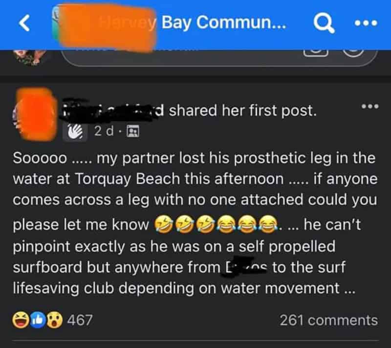 Facebook post about partner losing prosthetic leg at Torquay Beach.