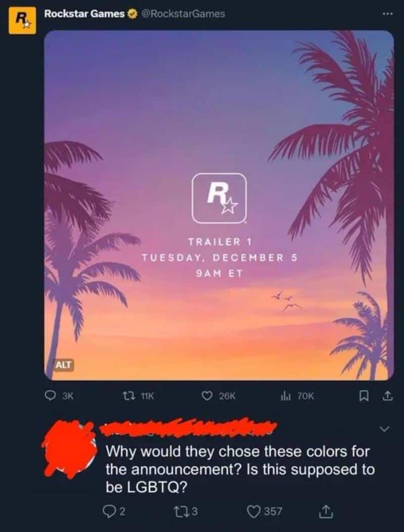 Rockstar Games trailer announcement with sunset and palm trees background.