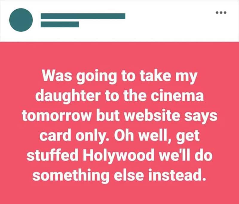 Social media post about cinema plans and website restrictions.