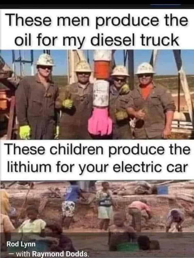 Men produce diesel oil; children produce lithium for electric cars.
