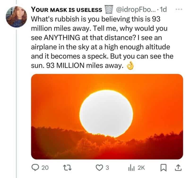 Twitter post questioning the distance of 93 million miles with a sunset image.
