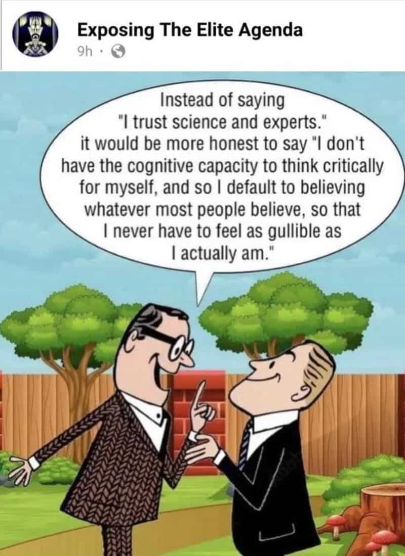 Cartoon of two men talking, one holding a phone, with a speech bubble about trusting science and not.