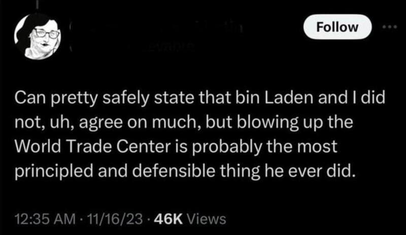 Social media post about bin Laden and World Trade Center.
