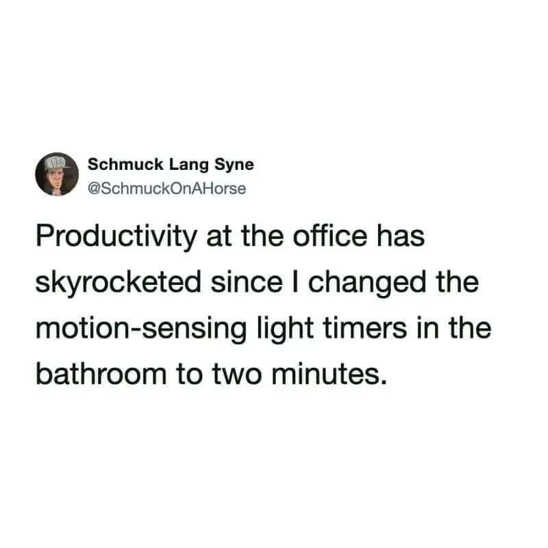 Tweet about productivity skyrocketing after changing bathroom light timers.