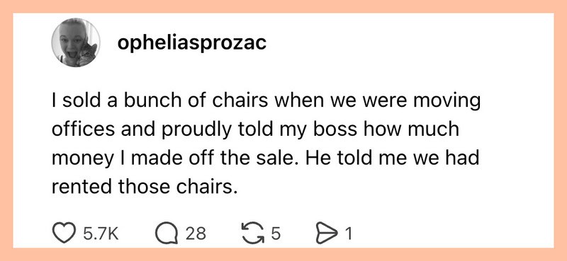 Person sharing story about chairs sold during office move.