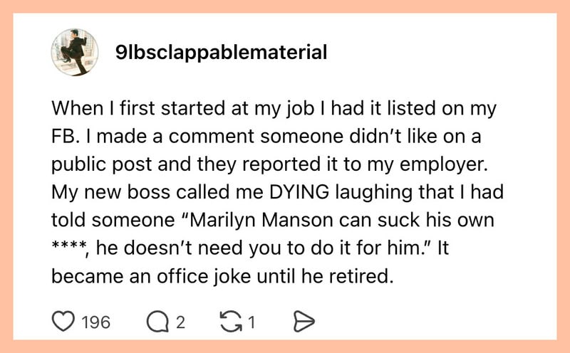 Employee's Facebook post about a workplace mistake involving a joke about Marilyn Manson.