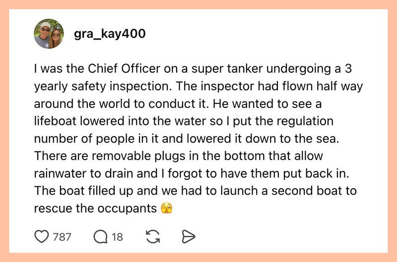 Chief Officer on a tanker during safety inspection, water and boat in background.