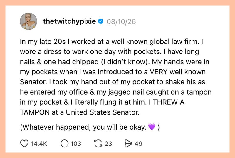 Woman recounts workplace mistake of shaking a senator's hand with chipped nails.