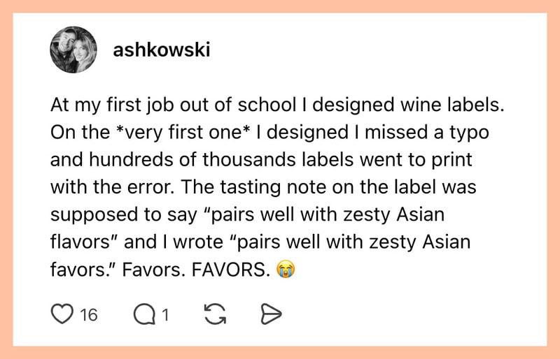 A person shares a story about designing wine labels with a typo.