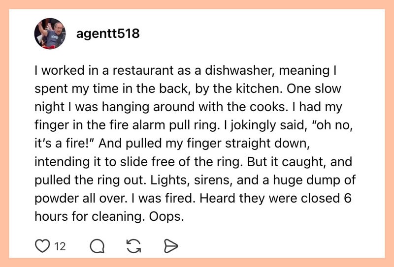 Worker in restaurant recounts finger caught in fire alarm pull ring.