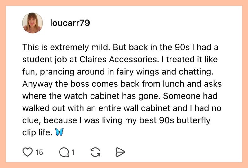 A humorous Instagram post about a 90s workplace mistake involving a butterfly clip.