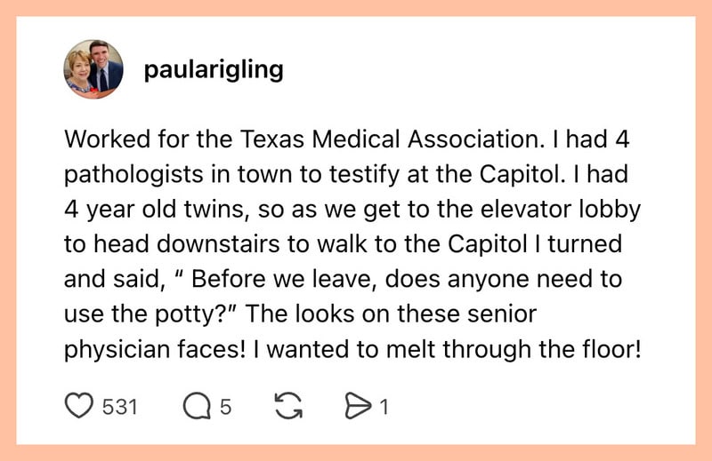 A social media post about a humorous workplace incident involving senior physicians and a potty.