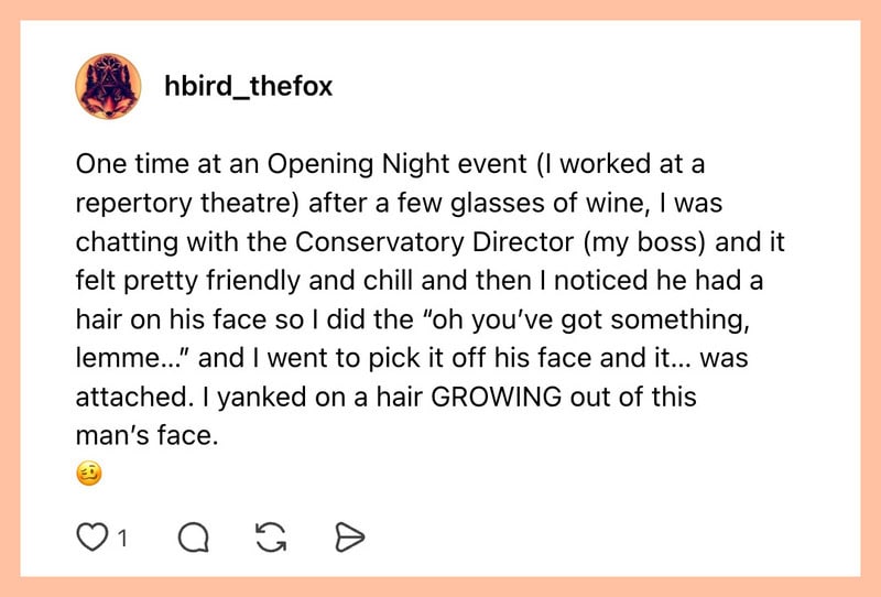 Employee yanks on a man's hair at a theatre event after a few glasses of wine.