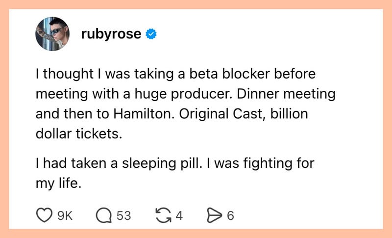 Ruby Rose's social media post about taking a sleeping pill before a meeting.