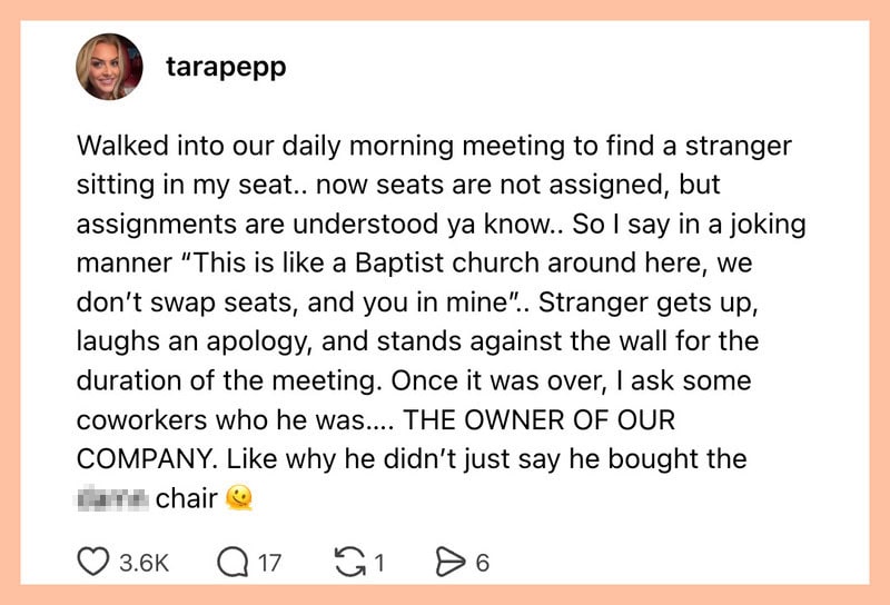 A humorous story about a stranger sitting in the wrong seat during a meeting.