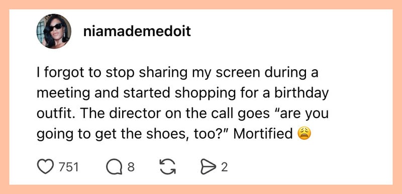 Person sharing screen during a meeting, shopping for a birthday outfit.