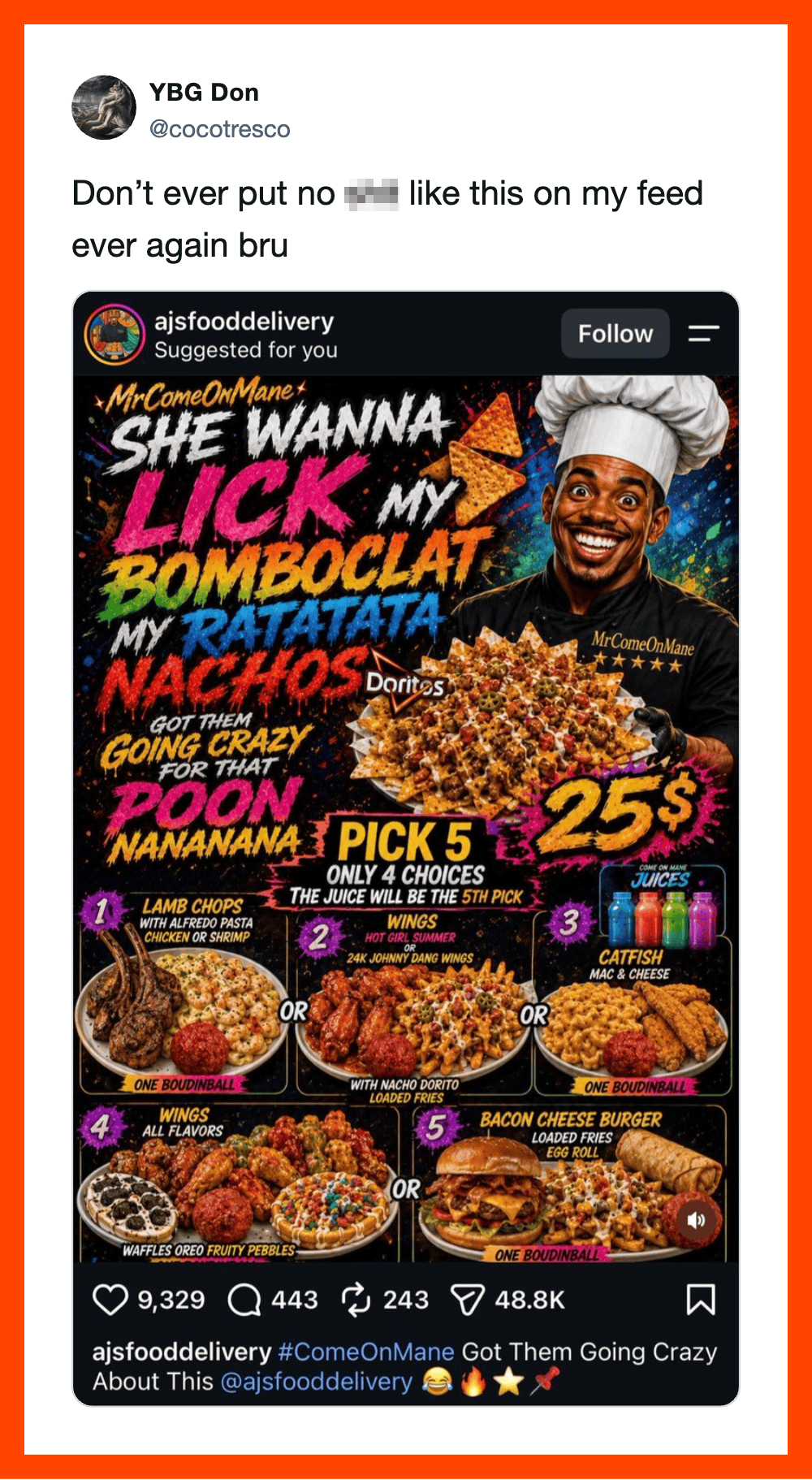 Colorful food menu with various dishes and prices, featuring a smiling chef.
