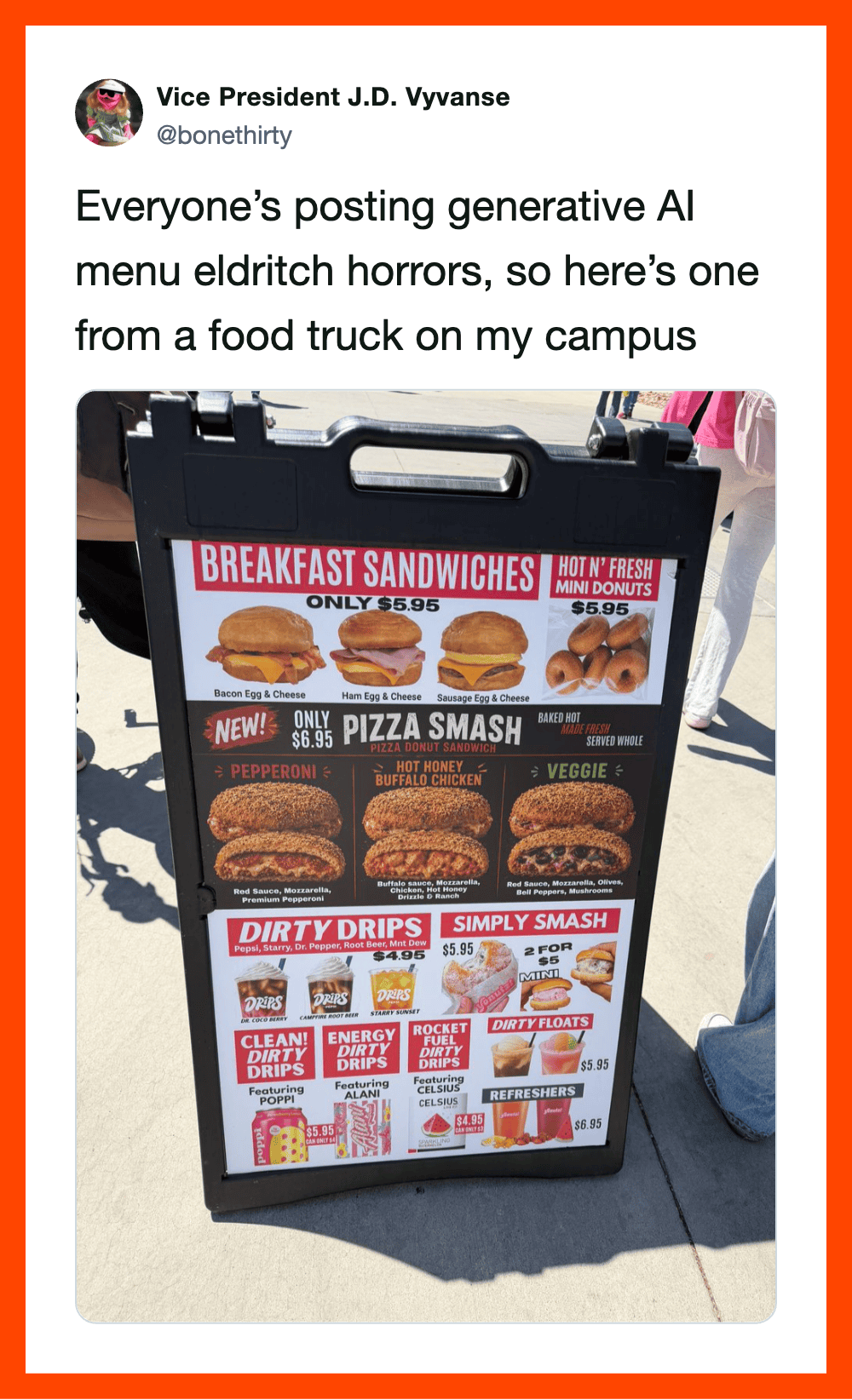 Food truck menu with breakfast sandwiches, pizza smash, veggie, and drinks.