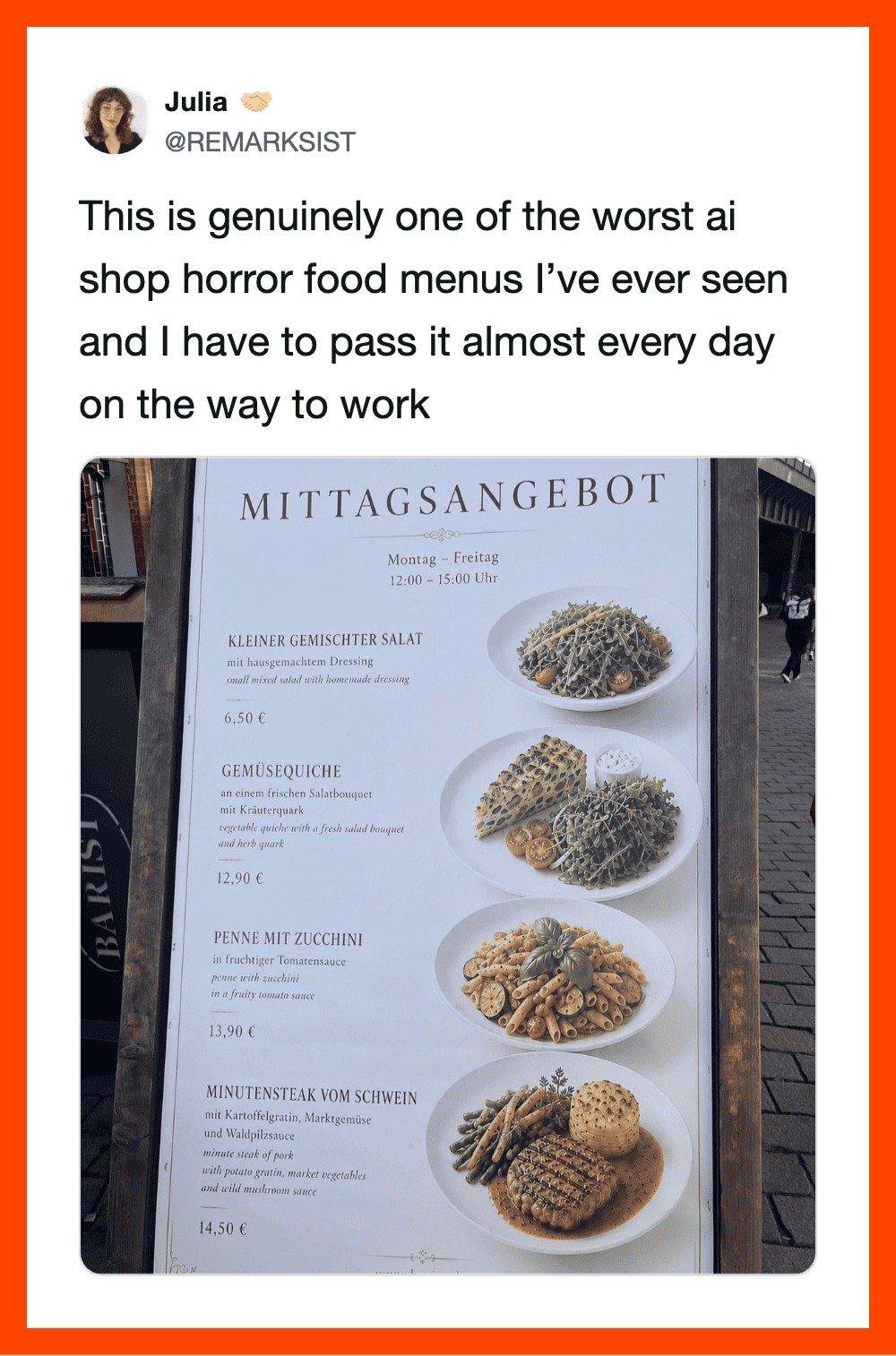 Menu board with unappetizing food images and German text.
