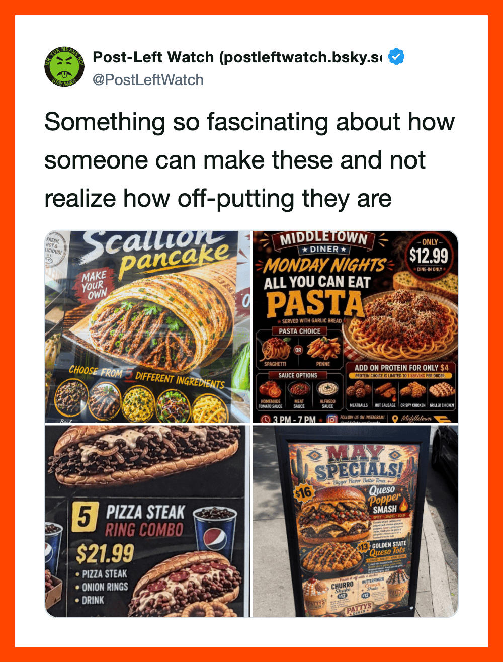 Screenshots of AI-generated food advertisements for pancakes, pasta, pizza, and burgers.