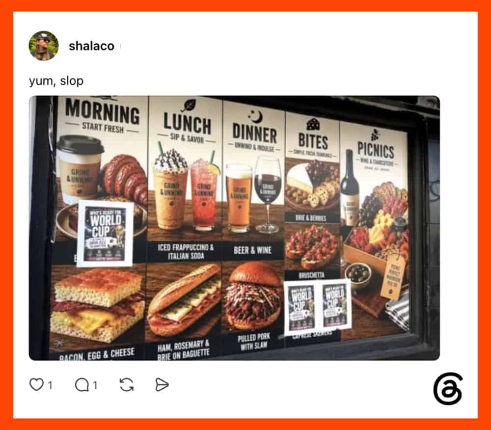 Restaurant menu board with breakfast, lunch, dinner, bites, and picnics options.