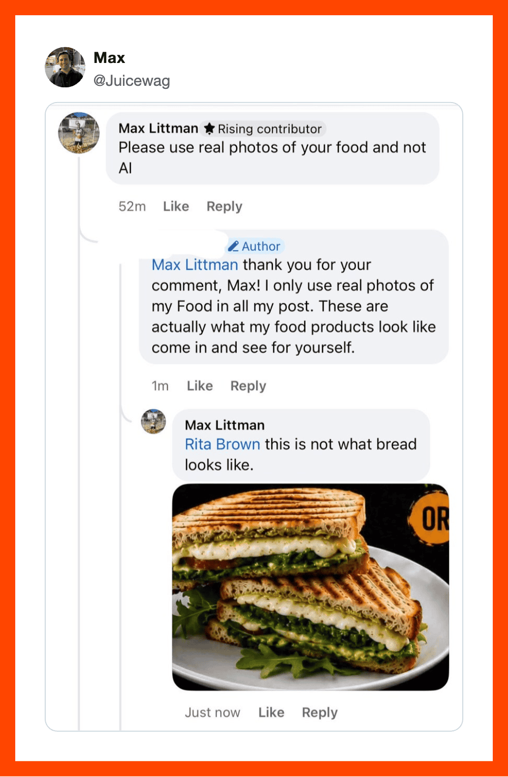 A sandwich with bread, lettuce, and other ingredients, with a comment about bread appearance.