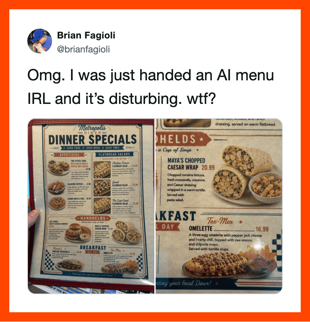 Photo of a restaurant menu with AI-generated food images, looking disturbing.