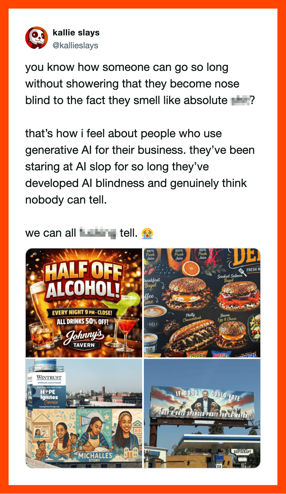 Social media post about AI and blindness, with images of food and advertisements.