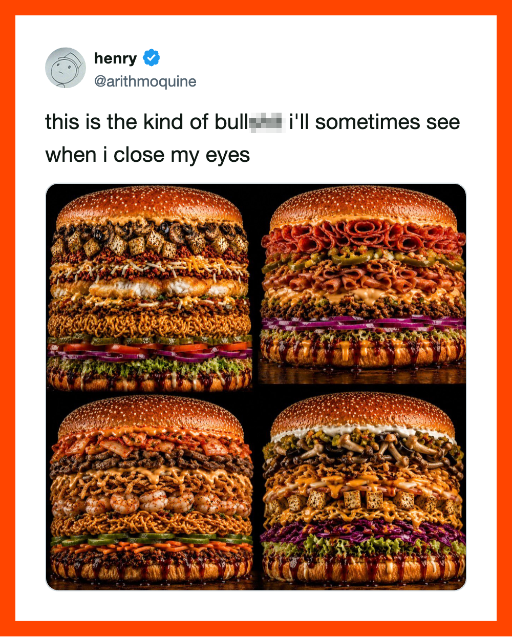 Four large, detailed burgers with various toppings on a black background.