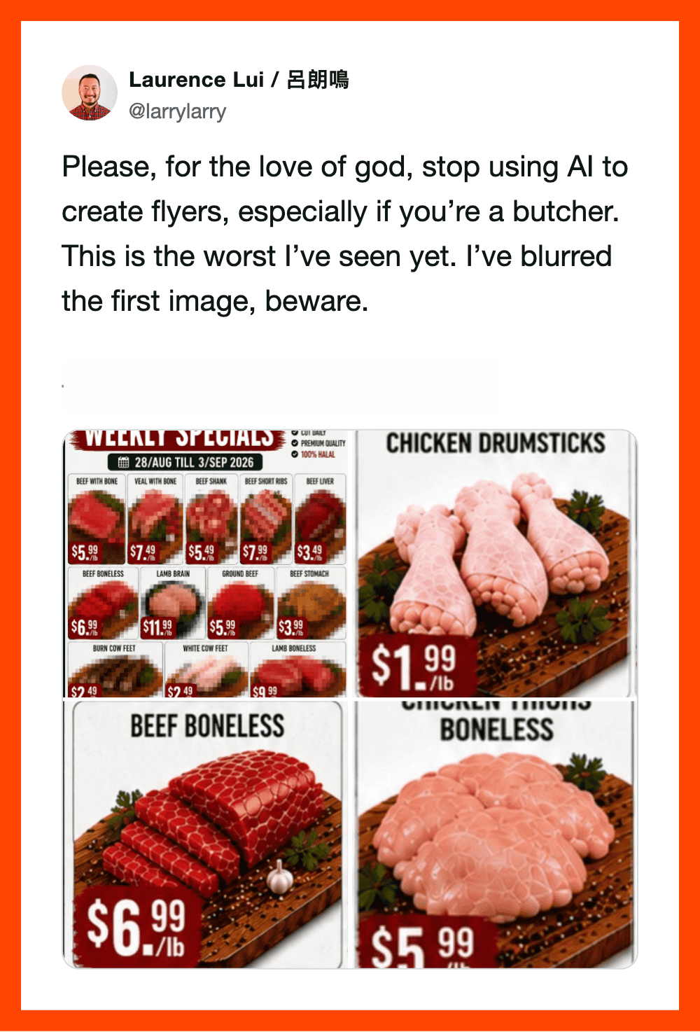 Flyer with images of chicken drumsticks, beef boneless, and chicken boneless with prices.