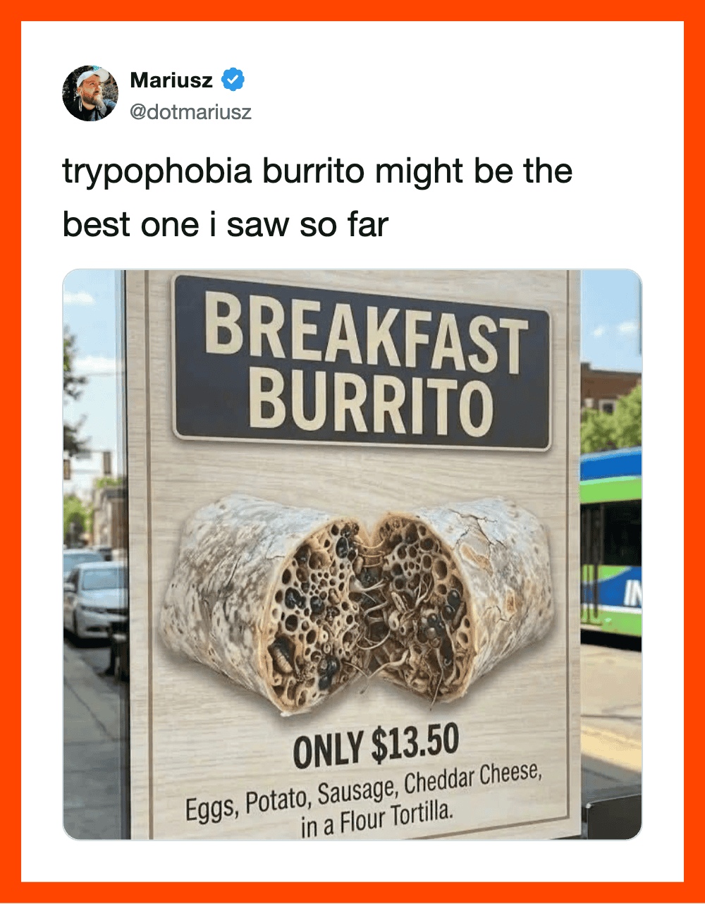 Sign advertising breakfast burrito with a cut-open burrito image and price.