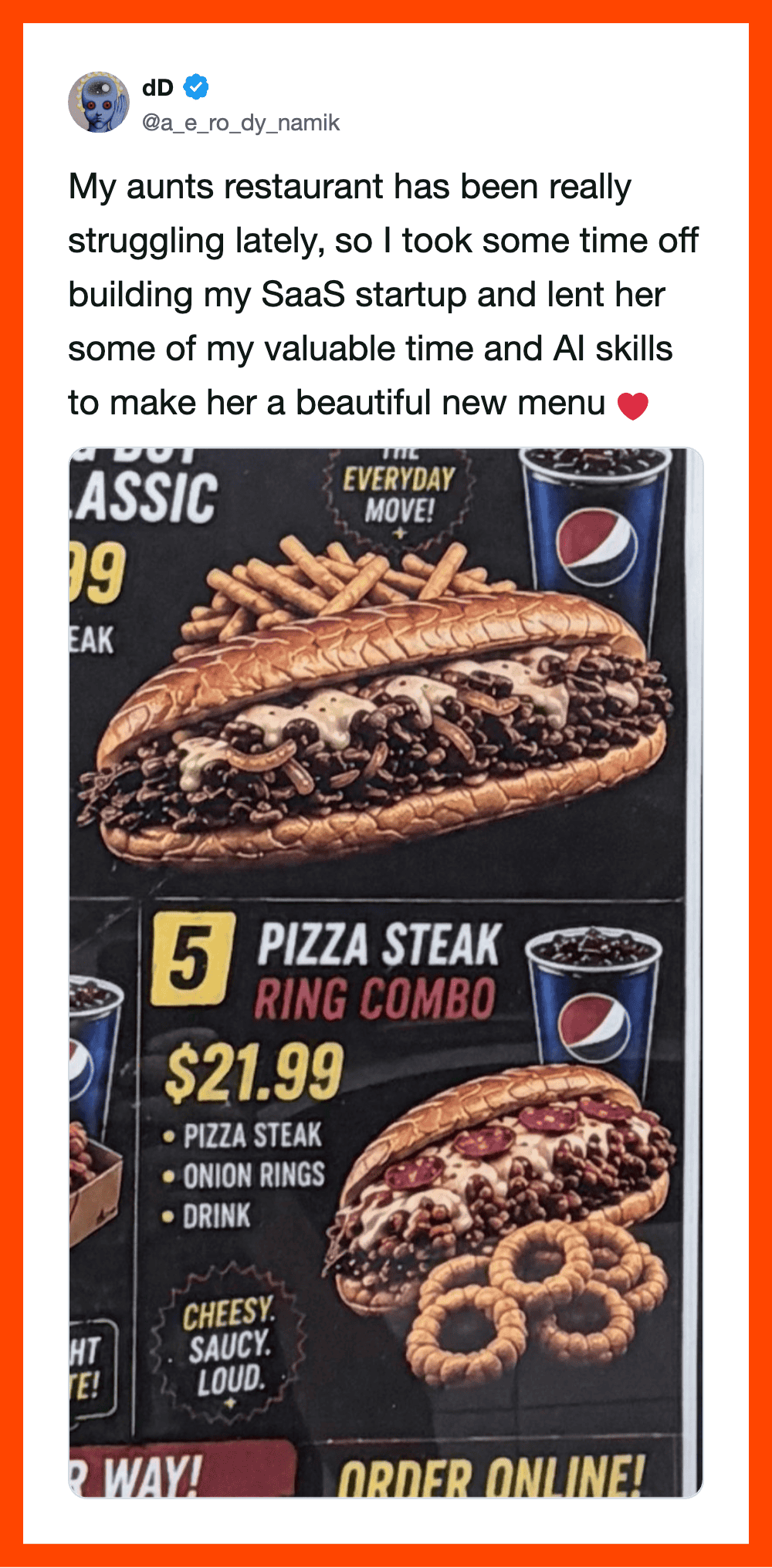 Fast food menu with pizza steak, onion rings, and drinks, priced at $21.99.