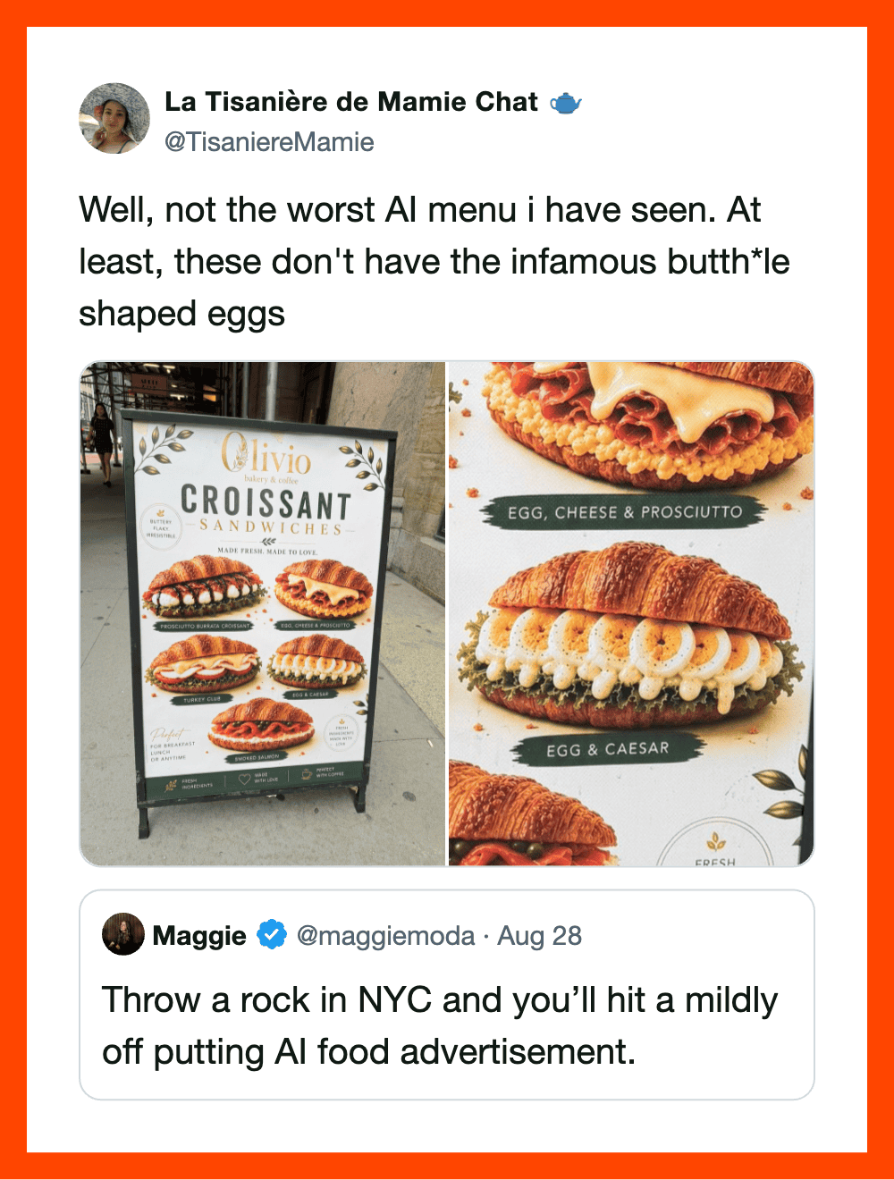 Signboard with AI-generated croissant sandwiches and a menu with egg, cheese, and prosciutto.