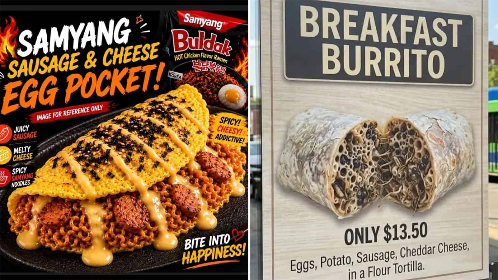 Samyang sausage and cheese egg pocket and breakfast burrito with cross-section view.