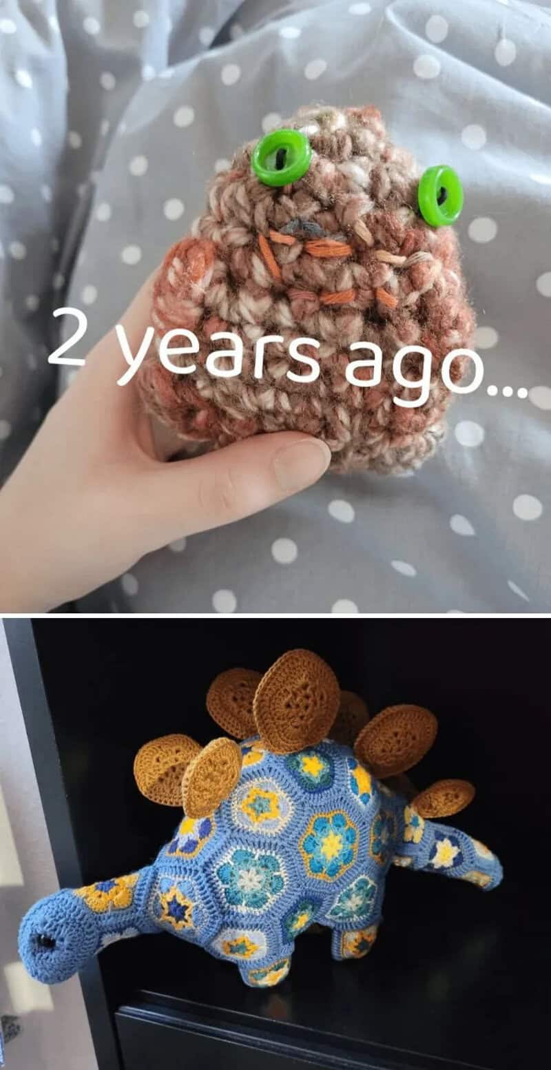 Hand holding a crocheted creature with green eyes, '2 years ago...' text overlay.