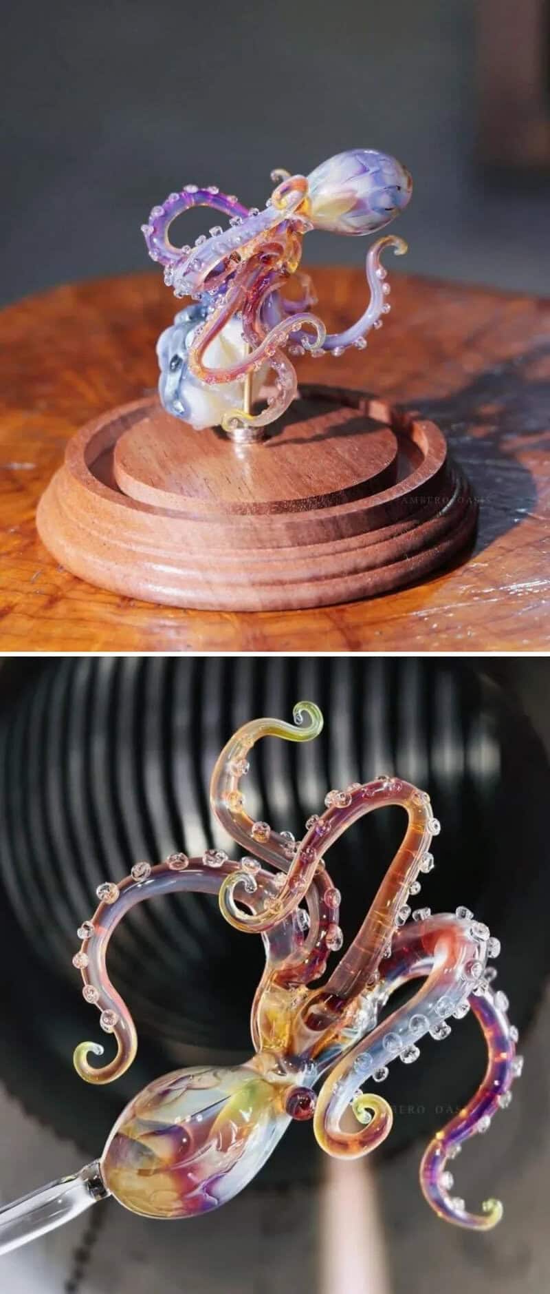 Colorful glass octopus sculpture on wooden base, crafted with intricate details.