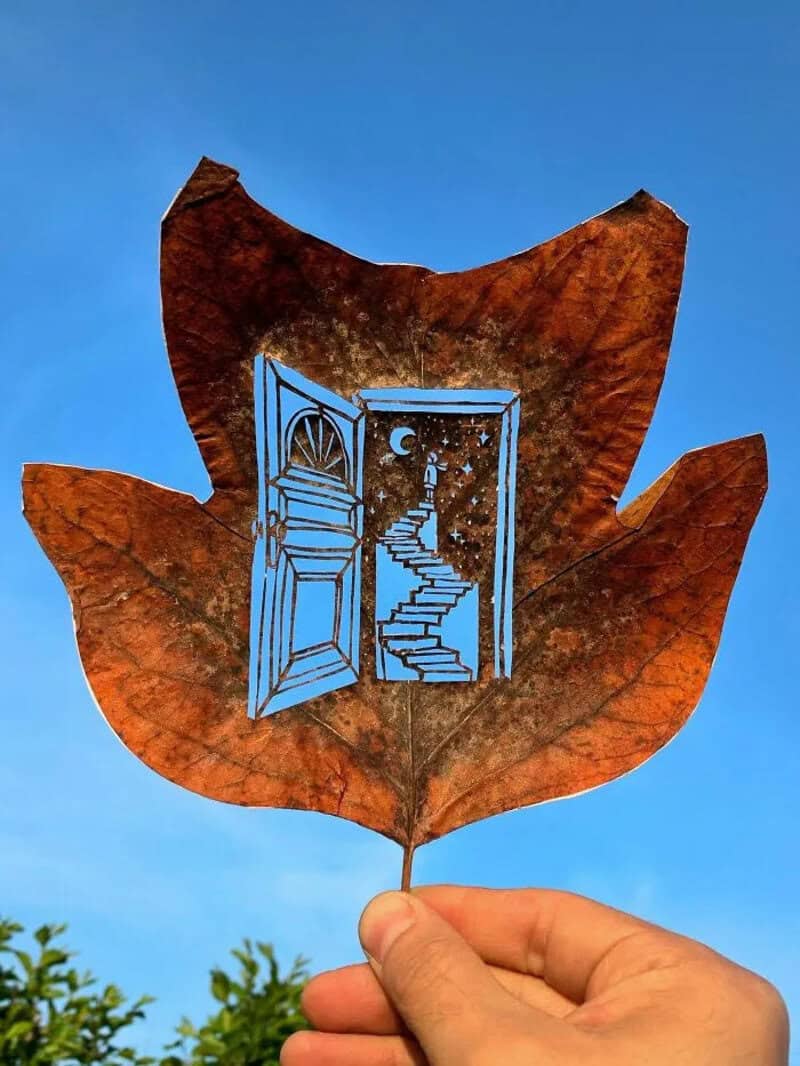 Leaf with a painted door and staircase, starry sky, and moon.