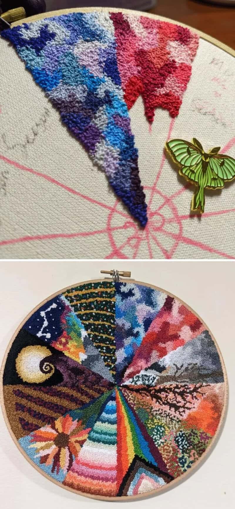 Colorful embroidery and cross-stitch art pieces on fabric and embroidery hoop.