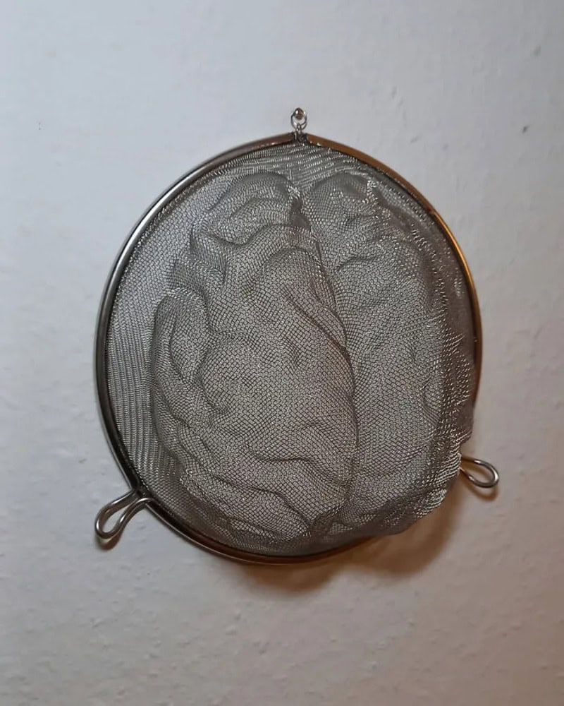 Metal mesh tea infuser with a brain-shaped design inside.