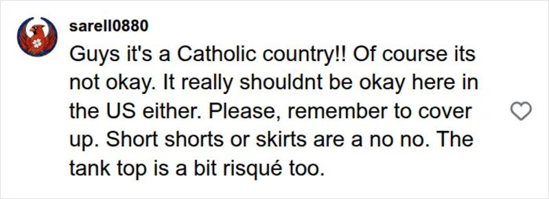 Text from social media post about cultural differences and dress code in the US and Italy.