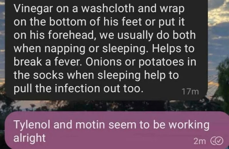 Text about vinegar, onions, potatoes, Tylenol, and motin for health.