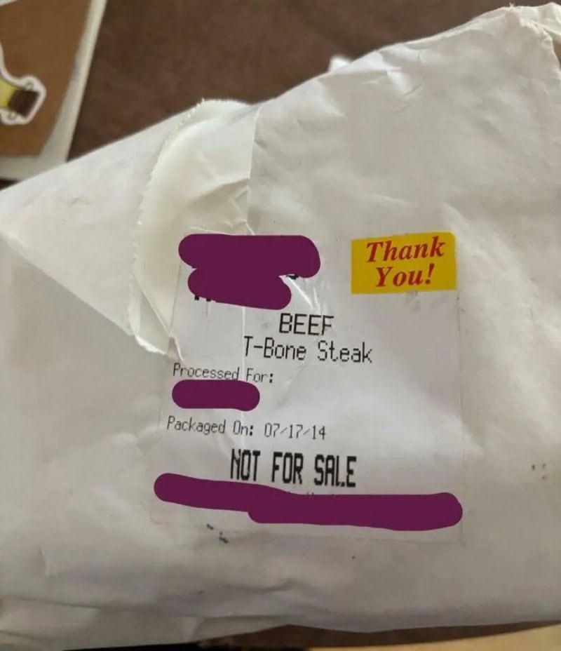 Processed beef T-Bone steak with 'Not for Sale' label and 'Thank You!' sticker.