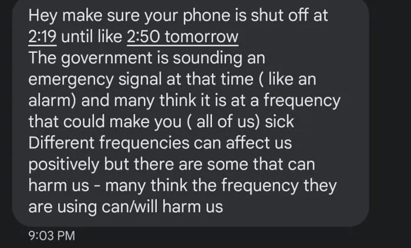 Text message about phone shutdown, emergency signal, and frequency concerns.