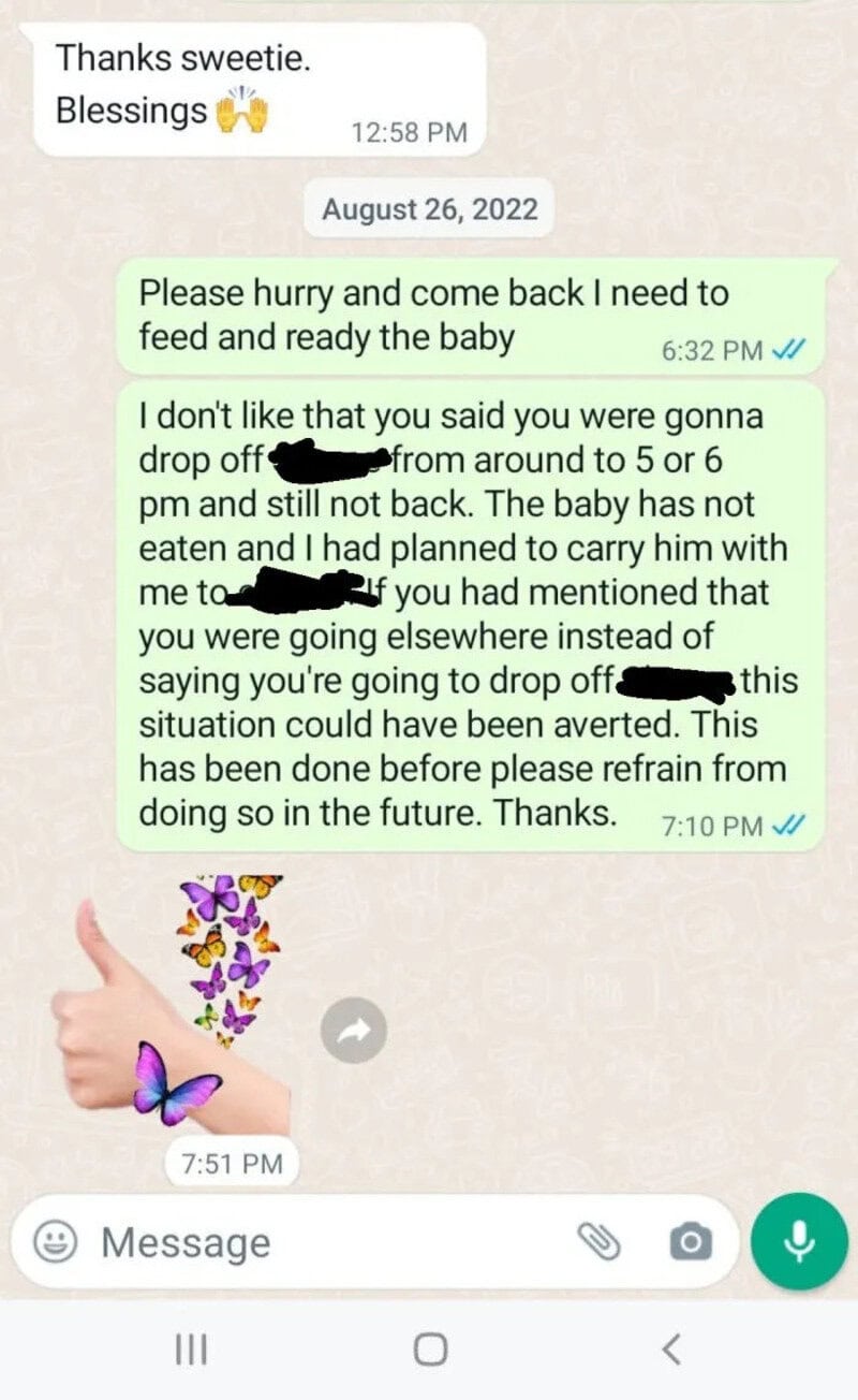 Text message conversation about feeding a baby and family concerns, with a thumbs-up and butterfly/花.