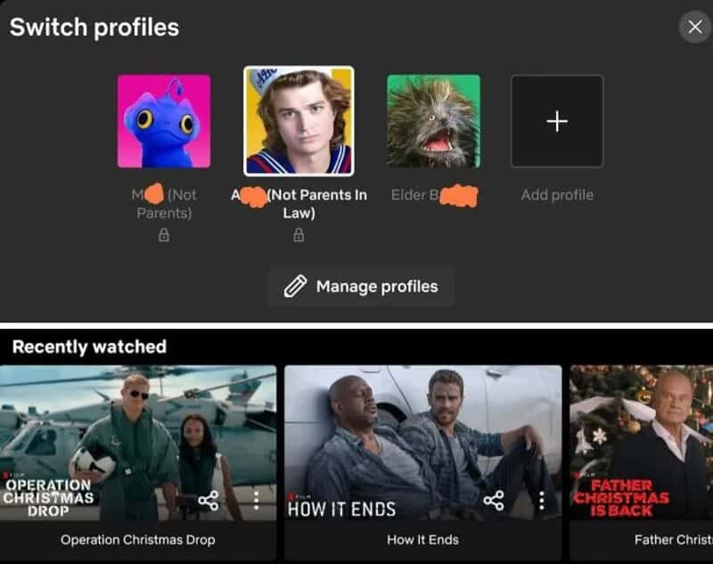 Screenshot of a profile switcher and recently watched shows on a streaming platform.